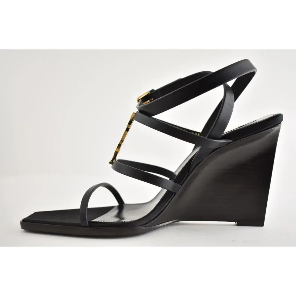 Saint Laurent YSL Logo Cassandra 90 Black Ankle Strap Wedge Sandal Heel 38.5